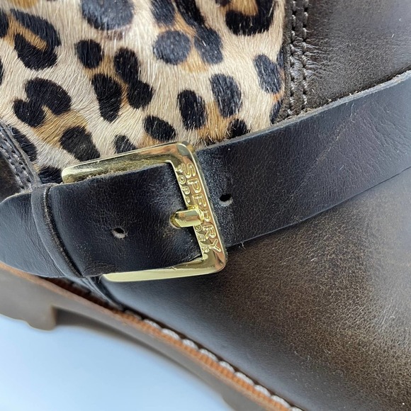 Sperry Britt Brown Leather and Calf Hair Leopard Print Buckle Clasp Boots size 5 - Picture 4 of 10